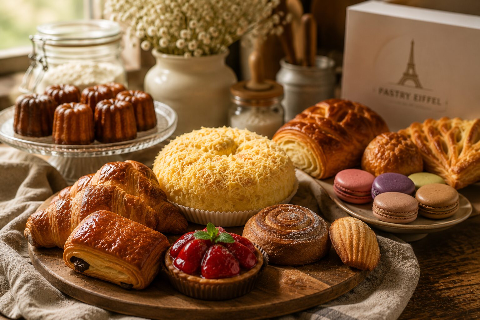 A spread of canelés, ensaymada, croissants, tarts, madeleines and macarons beside a Pastry Eiffel box