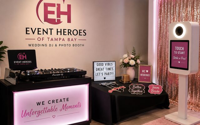 Illustrative mockup of a DJ and photo-booth setup branded Event Heroes of Tampa Bay. Not a photograph of the business.